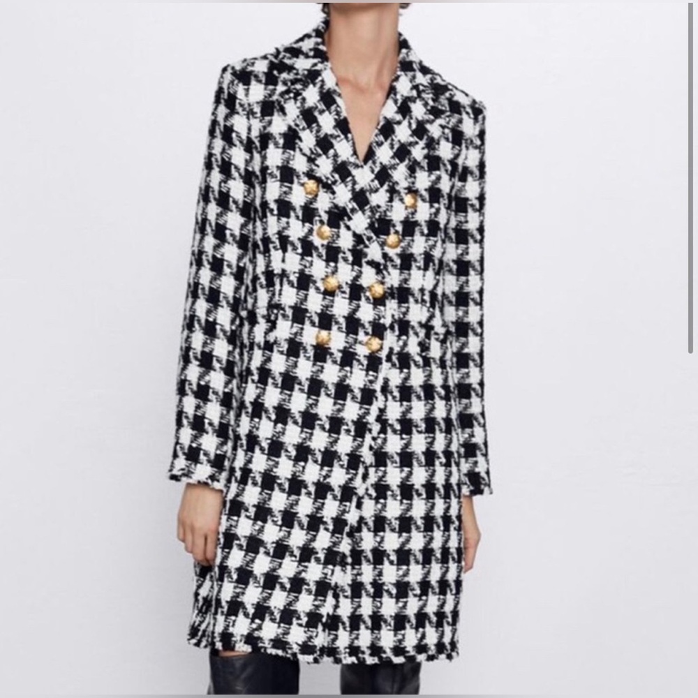 Zara Tweed Black and White Houndstooth Jacket
